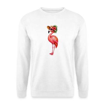 Flamingo mit Hut und Blüten - Unisex Pullover - Weiß - Vorne - Alina (178cm) & Michal (187cm)