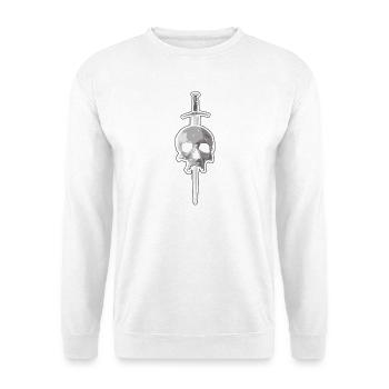 Totenkopf mit Dolch - Tattoo Stil - Unisex Pullover - Weiß - Vorne - Alina (178cm) & Michal (187cm)