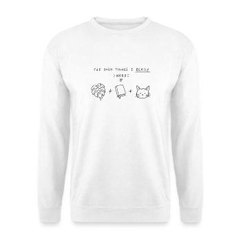 Things I Really Need – Katze, Bücher & Pflanzen - Unisex Pullover - Weiß - Vorne - Alina (178cm) & Michal (187cm)