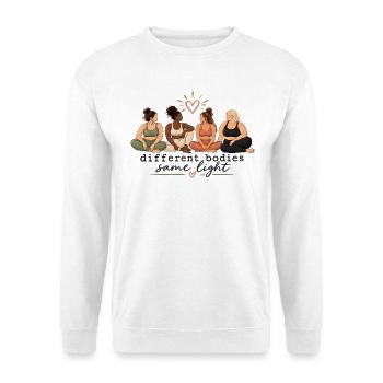 Different Bodies Same Light – Body Positivity - Unisex Pullover - Weiß - Vorne - Alina (178cm) & Michal (187cm)