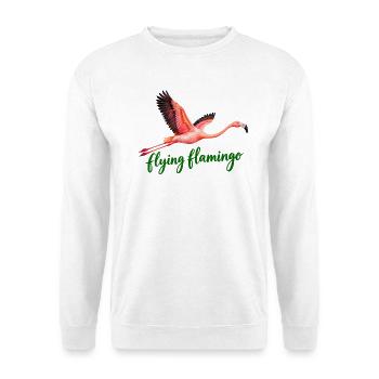 Fliegender Flamingo mit grüner Schrift - Unisex Pullover - Weiß - Vorne - Alina (178cm) & Michal (187cm)