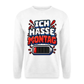 Ich hasse Montag – Pixel Büro Spruch - Unisex Pullover - Weiß - Vorne - Alina (178cm) & Michal (187cm)