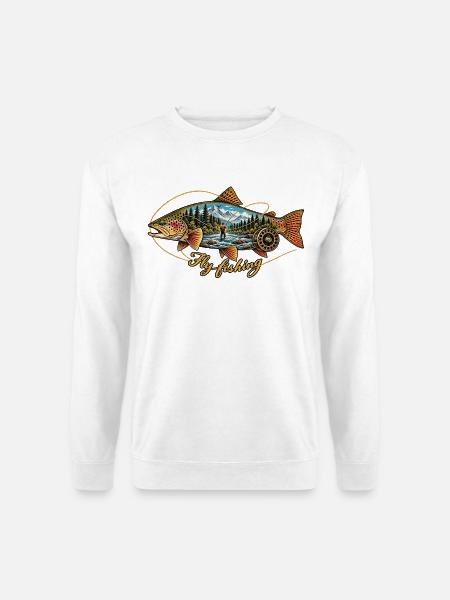 Truite_vintage_et_pcheur_la_mouche - Unisex Pullover - Weiß
