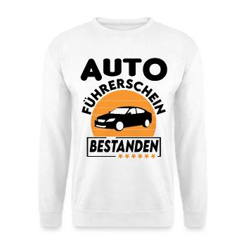 Auto Führerschein bestanden Sprüche fahren - Unisex Pullover - Weiß - Vorne - Alina (178cm) & Michal (187cm)