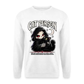 Katzenperson – Sensenmann mit Schwarzer Katze - Unisex Pullover - Weiß - Vorne - Alina (178cm) & Michal (187cm)
