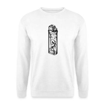 Betta-Fisch im Feuerzeug – Surrealistisches Aquarium - Unisex Pullover - Weiß - Vorne - Alina (178cm) & Michal (187cm)