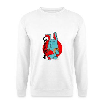 Blauer Hase mit Rucksack - Unisex Pullover - Weiß - Vorne - Alina (178cm) & Michal (187cm)