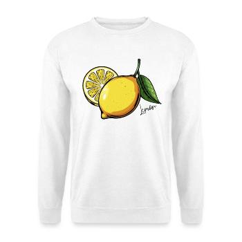 Zitrusleuchten: Gelbe Zitrone mit Blättern - Unisex Pullover - Weiß - Vorne