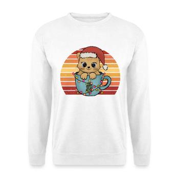 Weihnachtskatze Kätzchen mit Weihnachtsmütze Retro - Unisex Pullover - Weiß - Vorne