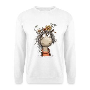 Pferd Mit Wildblumen Cartoon Reiter - Unisex Pullover - Weiß - Vorne