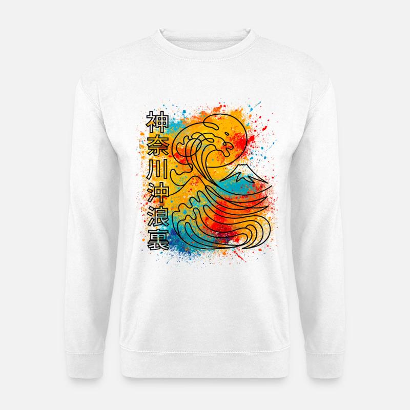 Große Welle Kanagawa One Line Minimalistisch - Unisex Pullover - Weiß