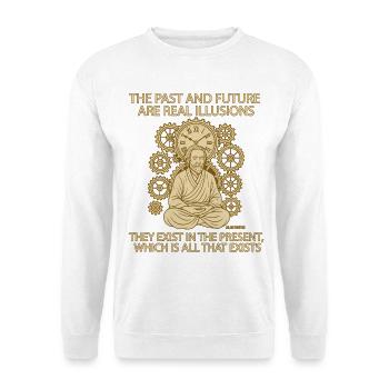 Alan Watts Gegenwart Zitat T-Shirt - Unisex Pullover - Weiß - Vorne - Alina (178cm) & Michal (187cm)