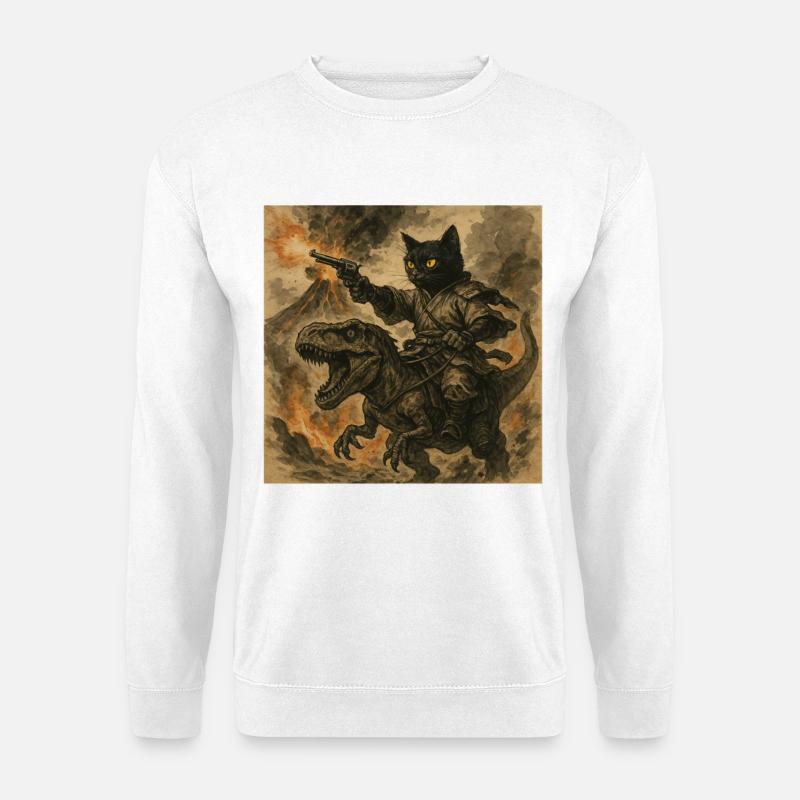 Samurai-Katze reitet auf Dinosaurier bei Vulkanausbruch - Unisex Pullover - Weiß