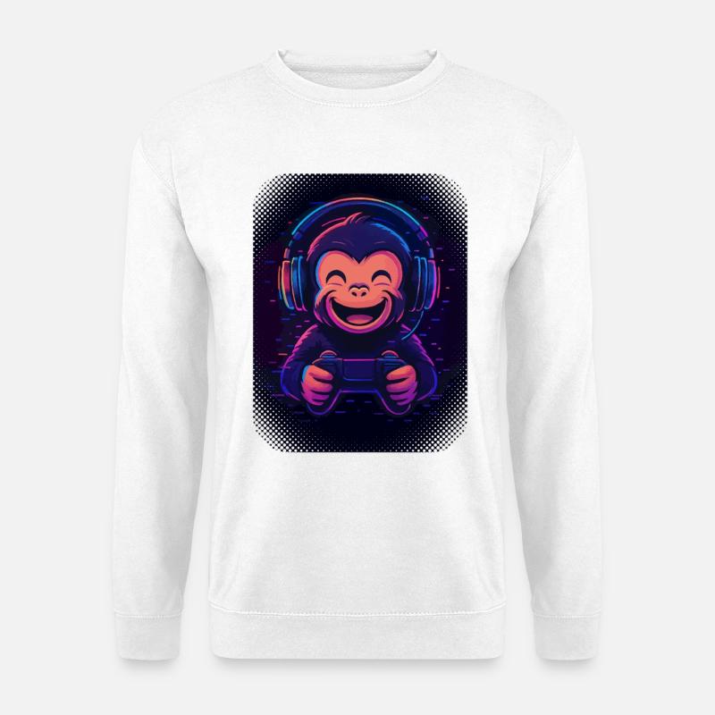Cooler Affe mit Kopfhörern, Brille und Gamepad - Unisex Pullover - Weiß
