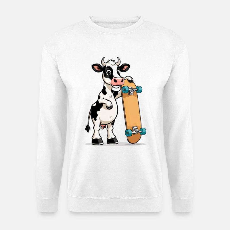 Kuh mit Skateboard - Unisex Pullover - Weiß