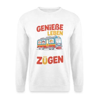 Bahn Genieße Das Leben In Vollen Zügen Eisenbahn - Unisex Pullover - Weiß - Vorne - Alina (178cm) & Michal (187cm)