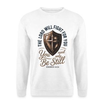 Bible Verse T-Shirt with Cross and Shield – Be Still - Unisex Sweatshirt - white - Front