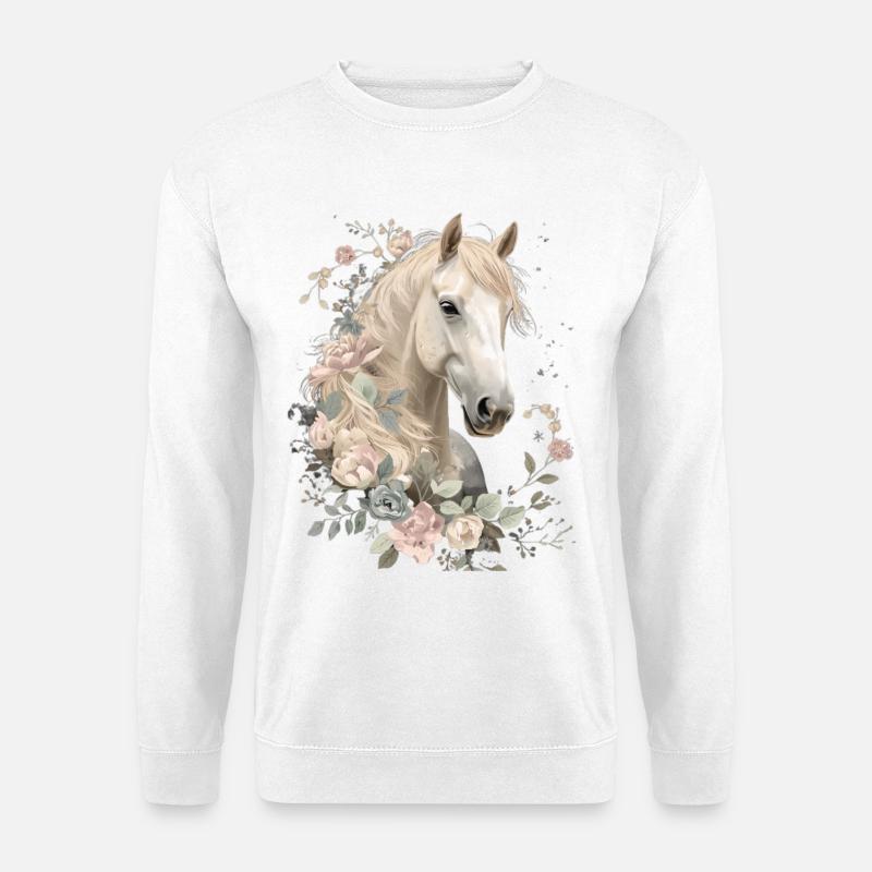 Hengst mit Blumenkronen - Unisex Pullover - Weiß