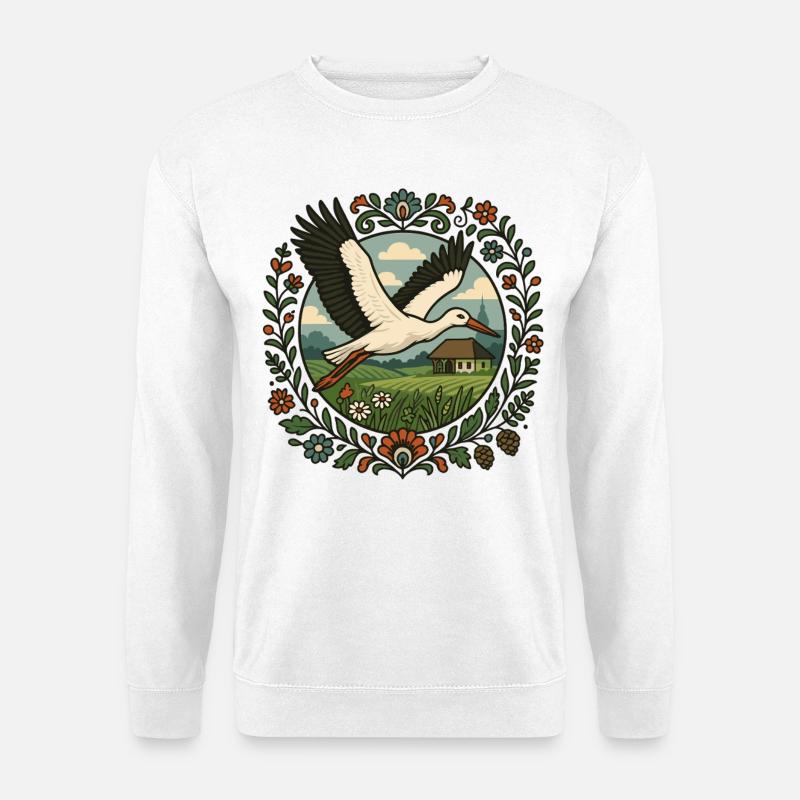 Polnischer Storch Volkskunst Landschaftsgestaltung - Unisex Pullover - Weiß