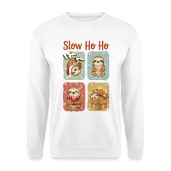 Slow Ho Ho Lustige Weihnachtsfaultiere - Unisex Pullover - Weiß - Vorne - Alina (178cm) & Michal (187cm)