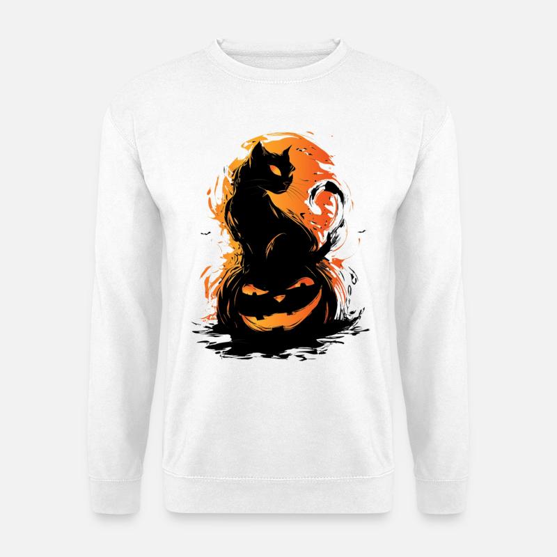 Schwarze Gruselige Katze Kürbis Halloween Design - Unisex Pullover - Weiß