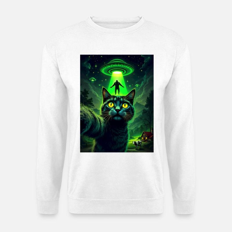 Neon-UFO Katze im Mondlicht - Unisex Pullover - Weiß