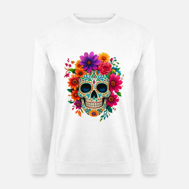 Bunter Zuckerschädel mit Blumen - Unisex Pullover - Weiß