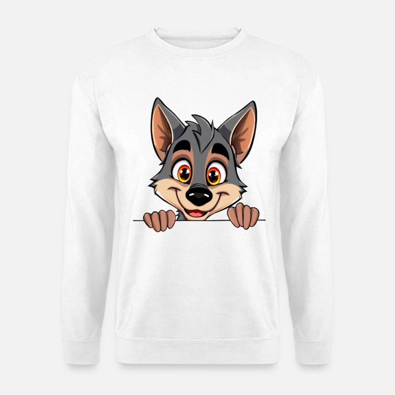 Kuscheliger Wolf blickt über Rand - Unisex Pullover - Weiß