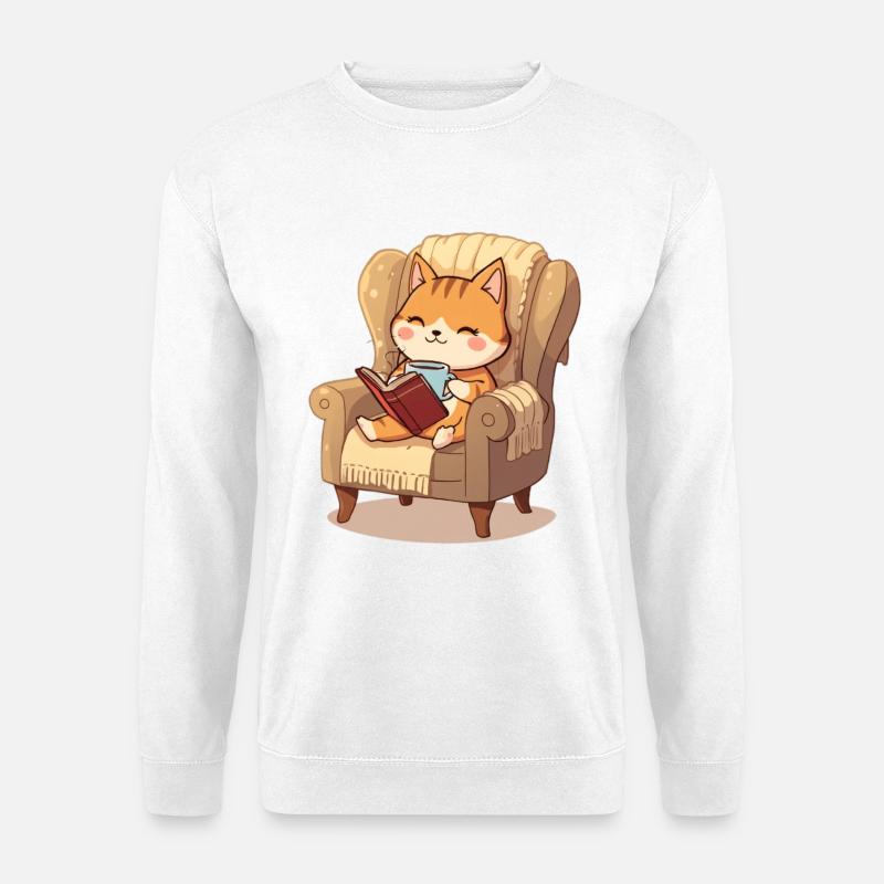 Katzenleser im Lieblingssessel - Unisex Pullover - Weiß