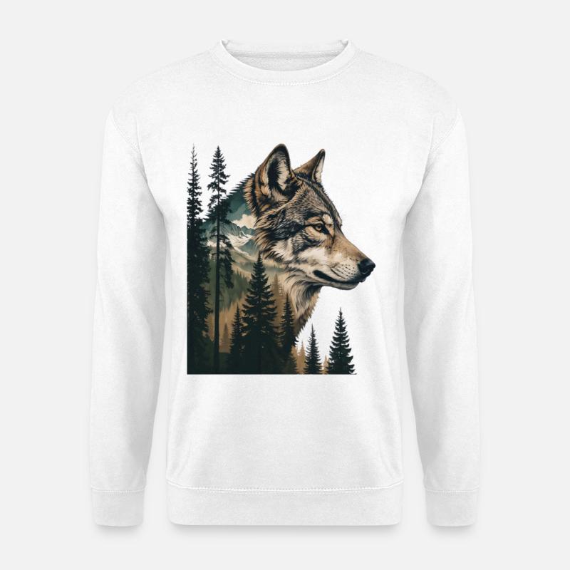 Waldwolf Portrait mit Bergen - Unisex Pullover - Weiß