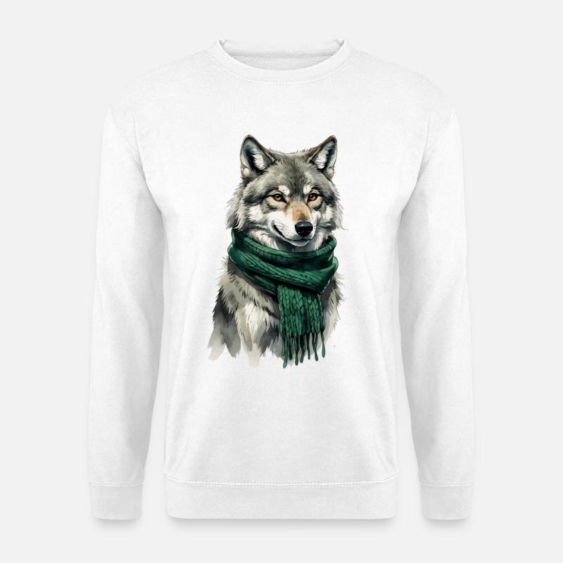 Wolfsfigur mit grünem Schal - Unisex Pullover - Weiß
