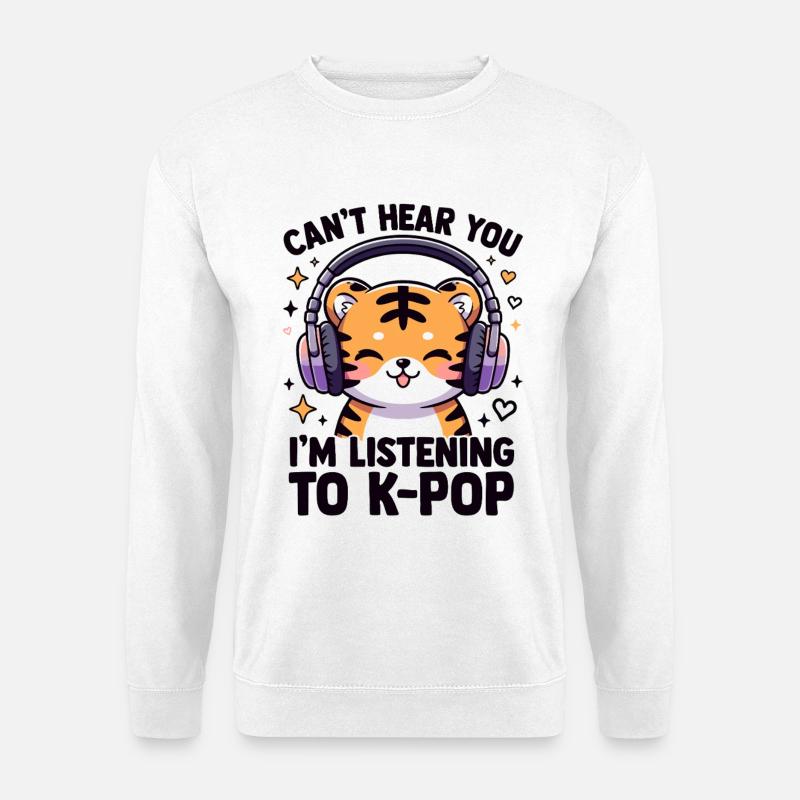 Kawaii K-Pop Tiger mit Kopfhörern - Unisex Pullover - Weiß
