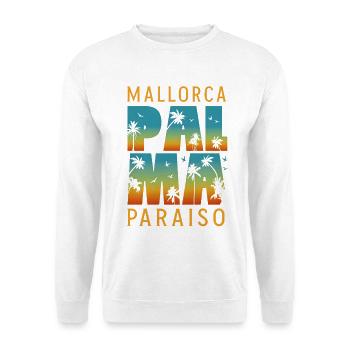 Palma Mallorca Paraiso Sunset Palmen Retro - Unisex Pullover - Weiß - Vorne - Alina (178cm) & Michal (187cm)