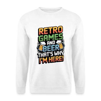 Retro-Spiele und Bier, deshalb bin ich hier. - Unisex Pullover - Weiß - Vorne