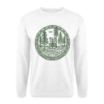 Szene des Forest Disc Golf Basket Flying Disc Courses - Unisex Pullover - Weiß - Vorne