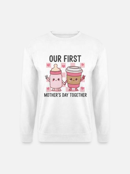 Our First Mother's Day – Kawaii Baby & Coffee - Unisex Sweatshirt - white