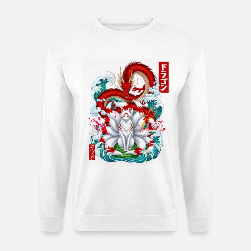 Japanischer Drachenkitsune Neunschwänziger Fuchs Große Welle - Unisex Pullover - Weiß