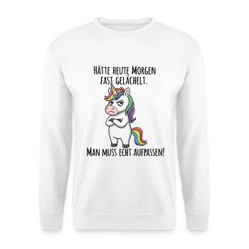 Fast gelächelt – Grummeliges Einhorn Morgenmuffel - Unisex Pullover - Weiß - Vorne
