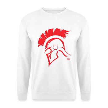 Roter Sparta Helm Silhouette - Unisex Pullover - Weiß - Vorne - Alina (178cm) & Michal (187cm)