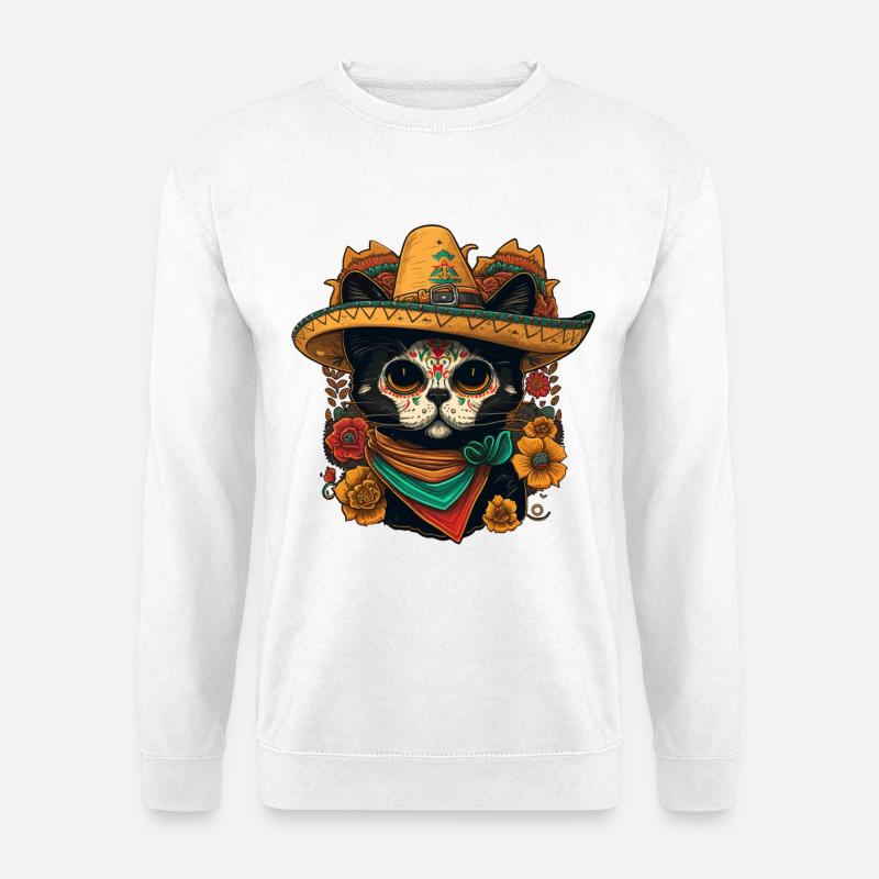 Zuckerschädel-Katze im Sombrero - Unisex Pullover - Weiß