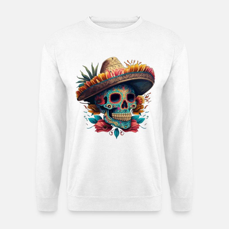 Lebendiger Zuckerschädel im Sombrero - Unisex Pullover - Weiß