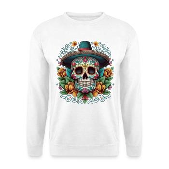 Crâne en sucre avec chapeau et Aztèque floral - Sweat-shirt Unisexe - blanc - Devant