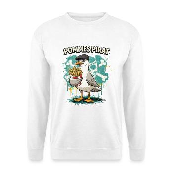 Pommes Pirat – Lustige Möwe mit Pommes - Unisex Pullover - Weiß - Vorne - Alina (178cm) & Michal (187cm)