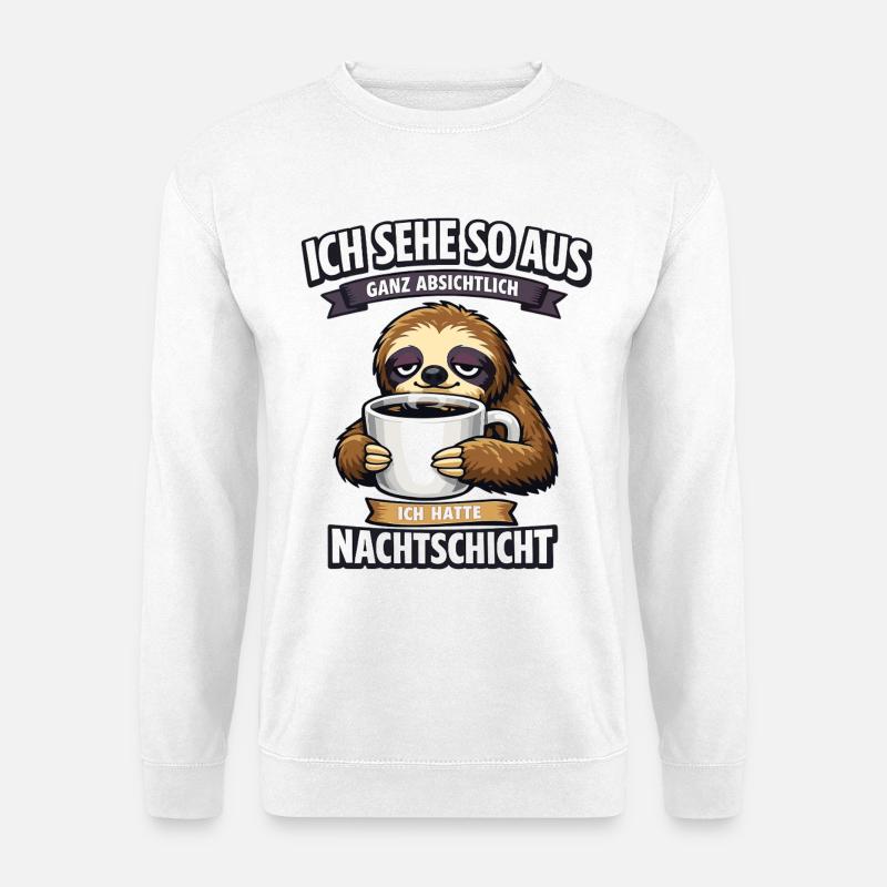 Nachtschicht Faultier Spruch mit Kaffeetasse - Unisex Pullover - Weiß