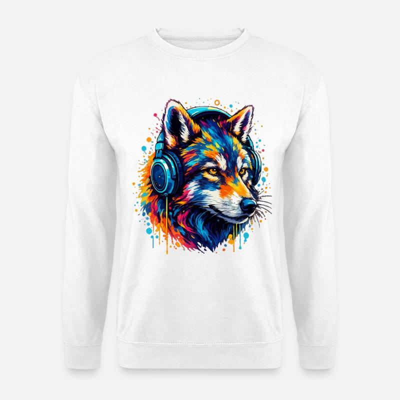 Fuchs mit Neon Kopfhörer Kunst - Unisex Pullover - Weiß