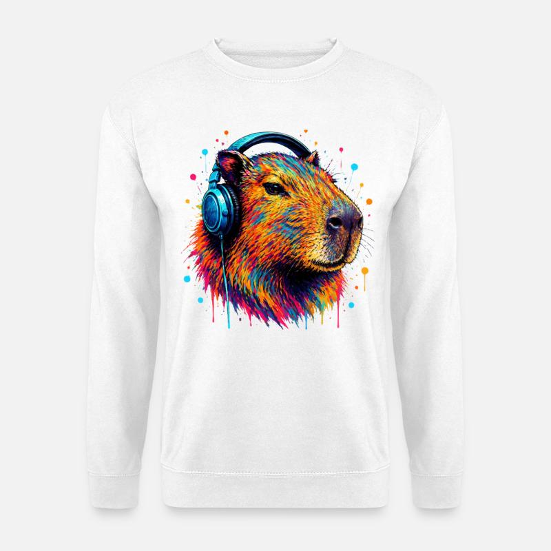 Bunte Kapibara mit Kopfhörern - Unisex Pullover - Weiß