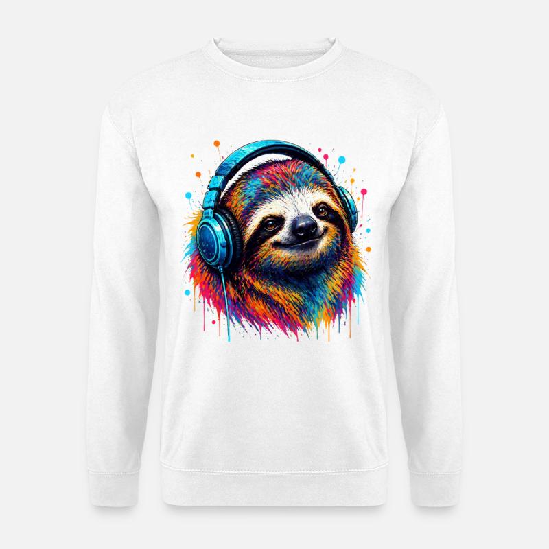 Buntes Faultier mit Kopfhörern - Unisex Pullover - Weiß