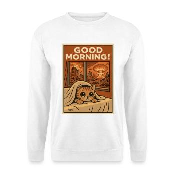 Guten Morgen: Apokalyptisches Kätzchen - Unisex Pullover - Weiß - Vorne - Alina (178cm) & Michal (187cm)