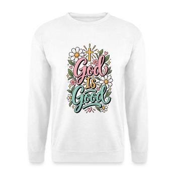 God Is Good – Christlicher Glaubensspruch - Unisex Pullover - Weiß - Vorne - Alina (178cm) & Michal (187cm)