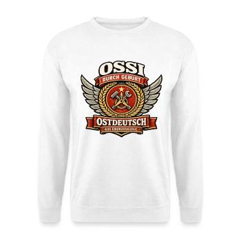 Ossi durch Geburt – Ostdeutsch aus Überzeugung - Unisex Pullover - Weiß - Vorne - Alina (178cm) & Michal (187cm)